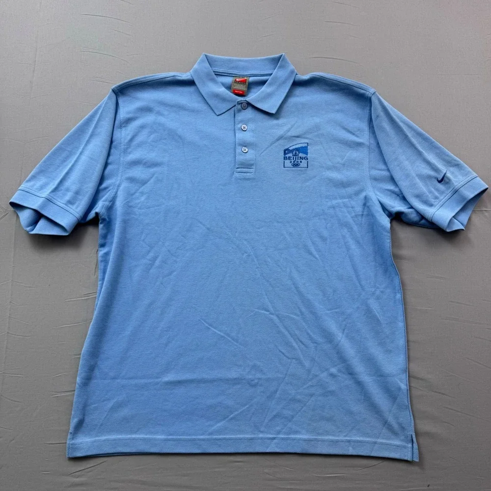 Nike Team Beijing 2008 Olympics NBC Polo Shirt Mens Large Light Blue Fit Dry